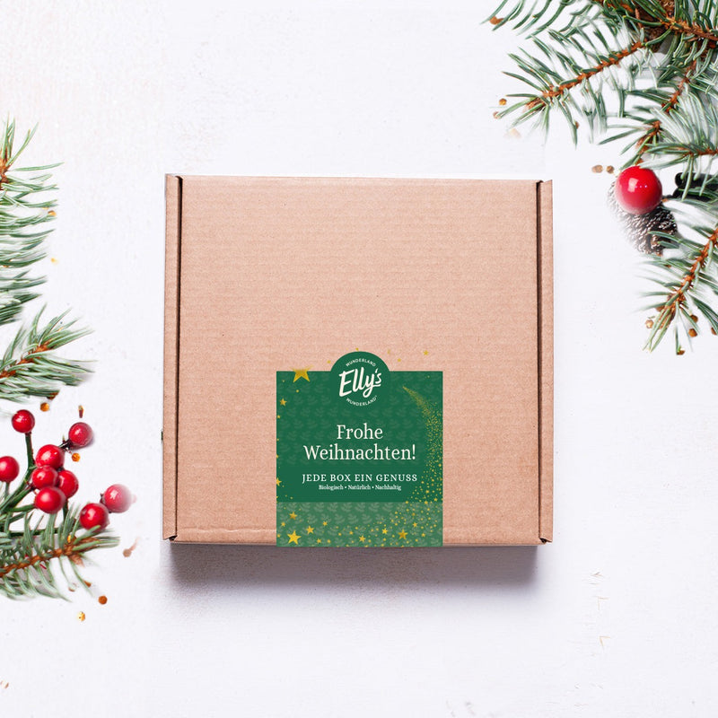 6 x Frohe Weihnachten vegane Bio Schoko-Mandeln Personalisierter Geschenkwürfel LIMITIERTE GESCHENKBOX Elly's WUNDERLAND