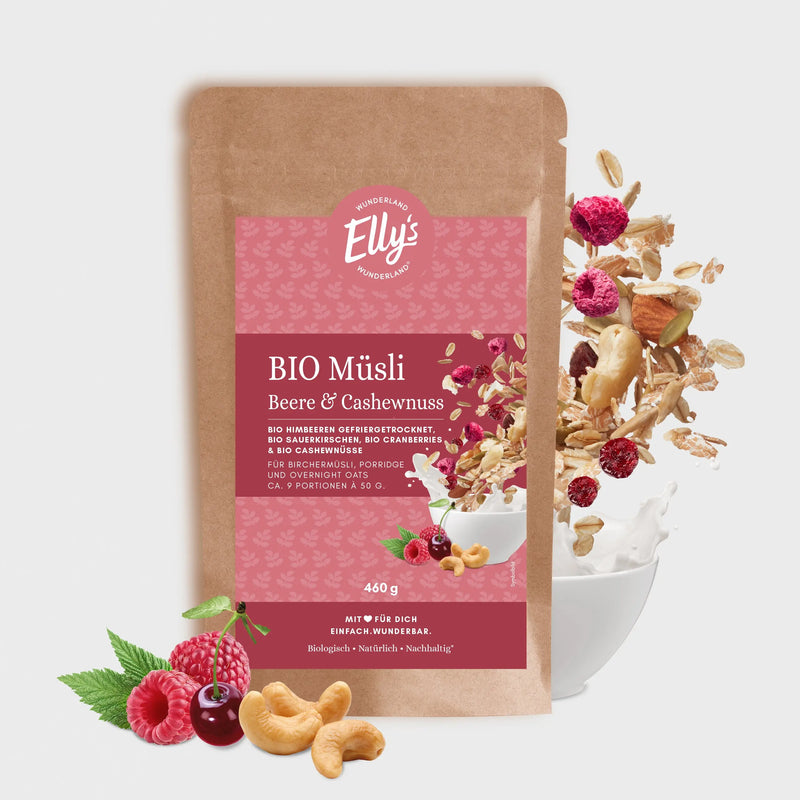 Genuss Box Premium Bio Himbeermüsli Brotbackmischung Snacks & Geschenkwürfel Elly's WUNDERLAND